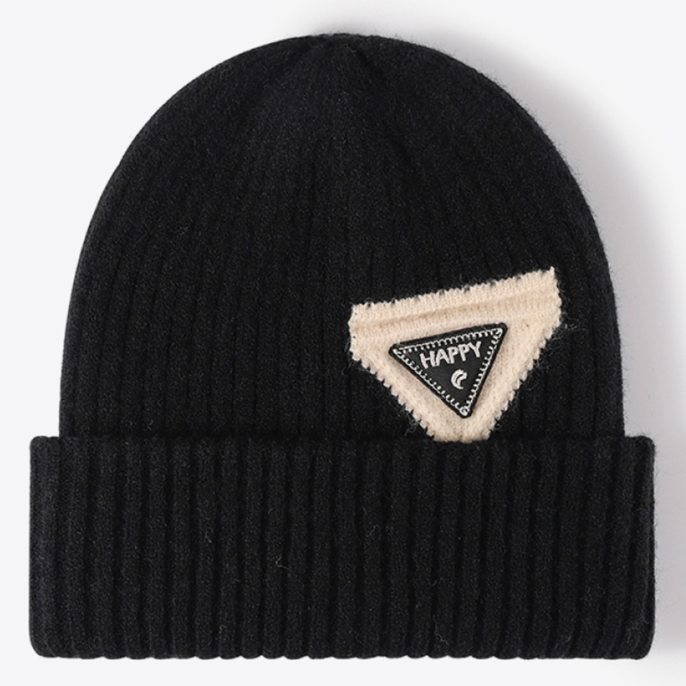 HAPPY Beanie Color Contrast Hat Ribbed Knit Minimalist Warm Toboggan Skull Cap